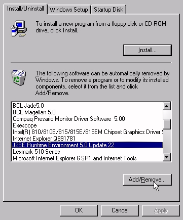 Add/Remove Control Panel: Remove Java Runtime Environment